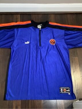 New York Knicks Vintage Shirt Puma Made in USA Zip-Neck Basketball Jersey LG